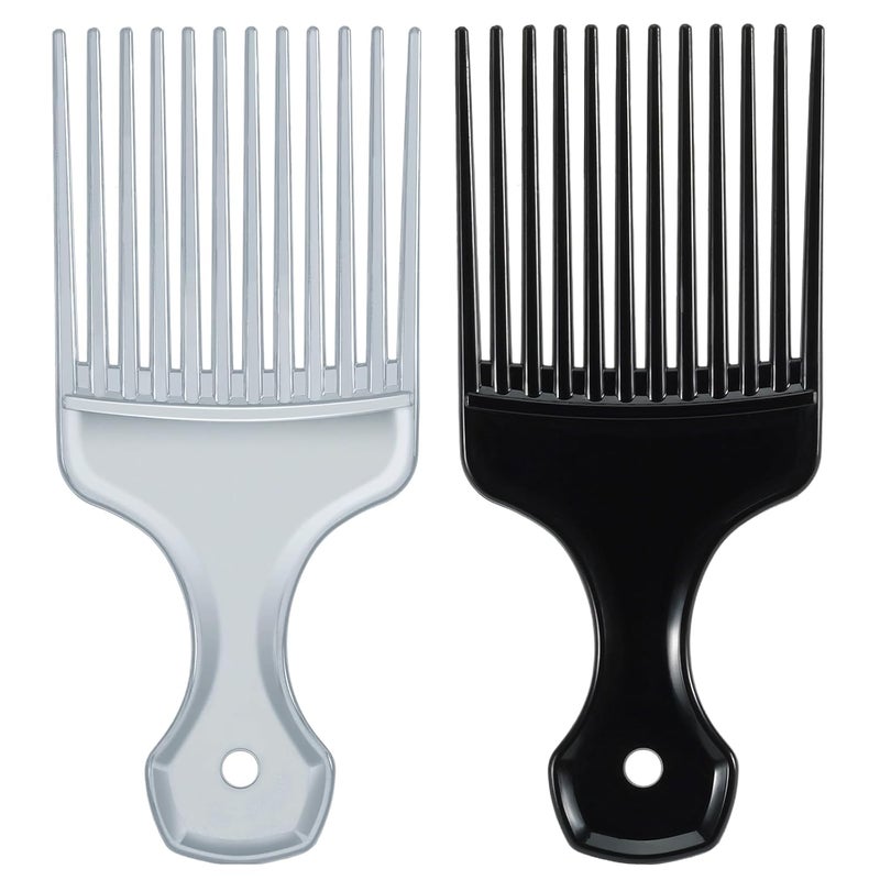 SIMPOR 2 Pcs Hair Pick Comb Wide Tooth Lift for Hair Styling Detangling Plastic Afro Pick for Women Men (Silver, Black) - Image 1